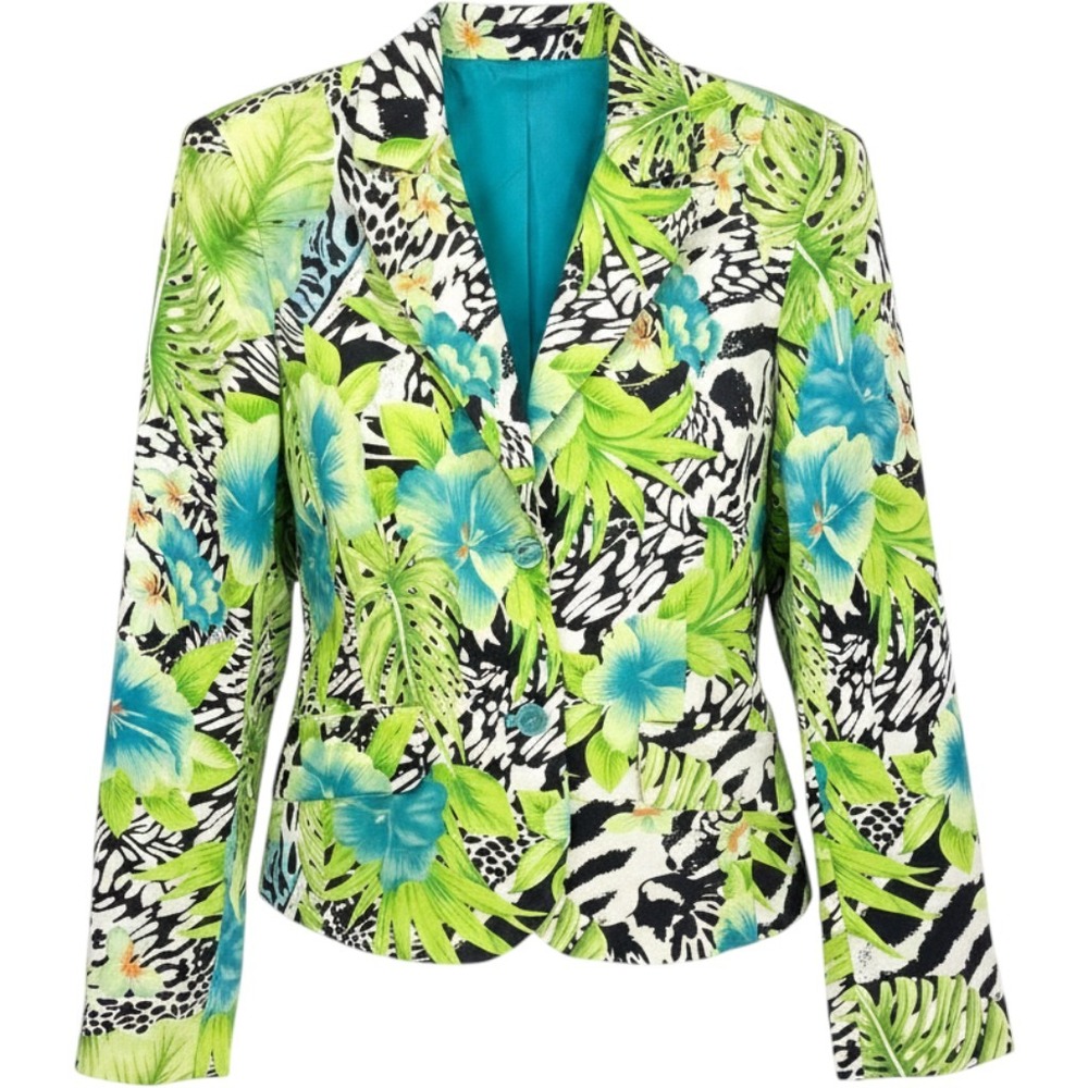 Russell Kemp 90s Vintage Silk Blazer Women 6 Green Tropical Y2K Jungle Print